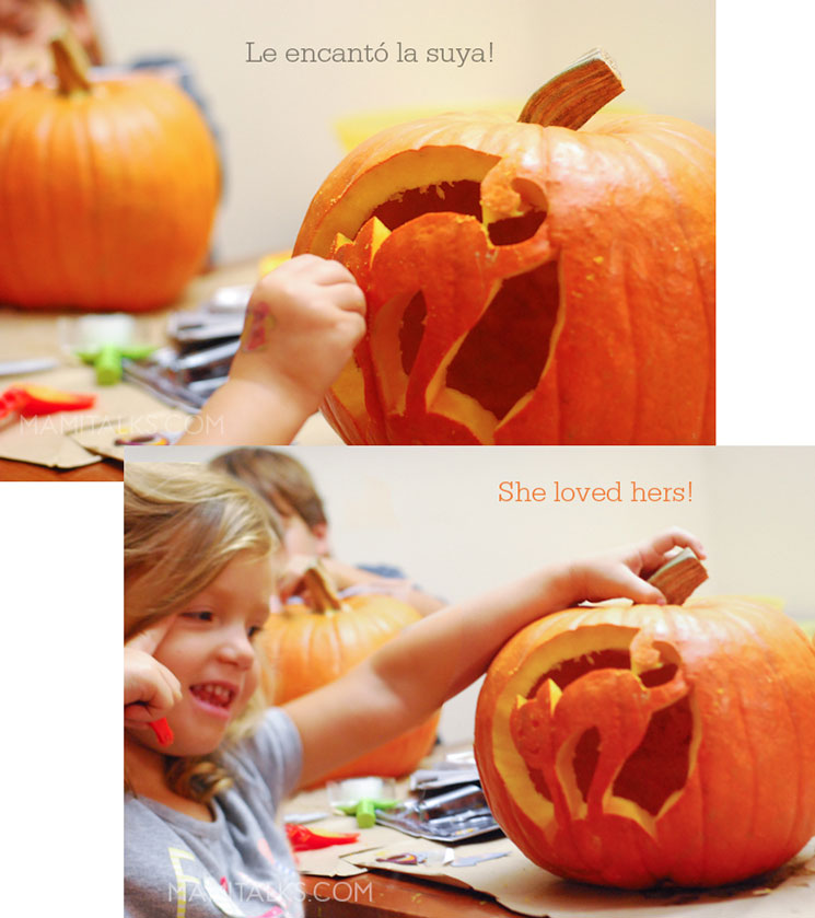 Little girl carving a pumpkin. -MamiTalks.com
