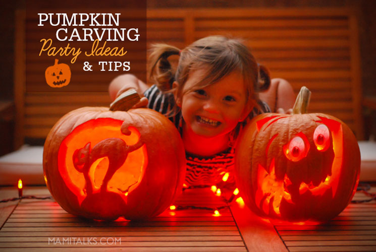 Pumpkin carving party ideas and tips. Girl with 2 carved pumpkins. -MamiTalks.com