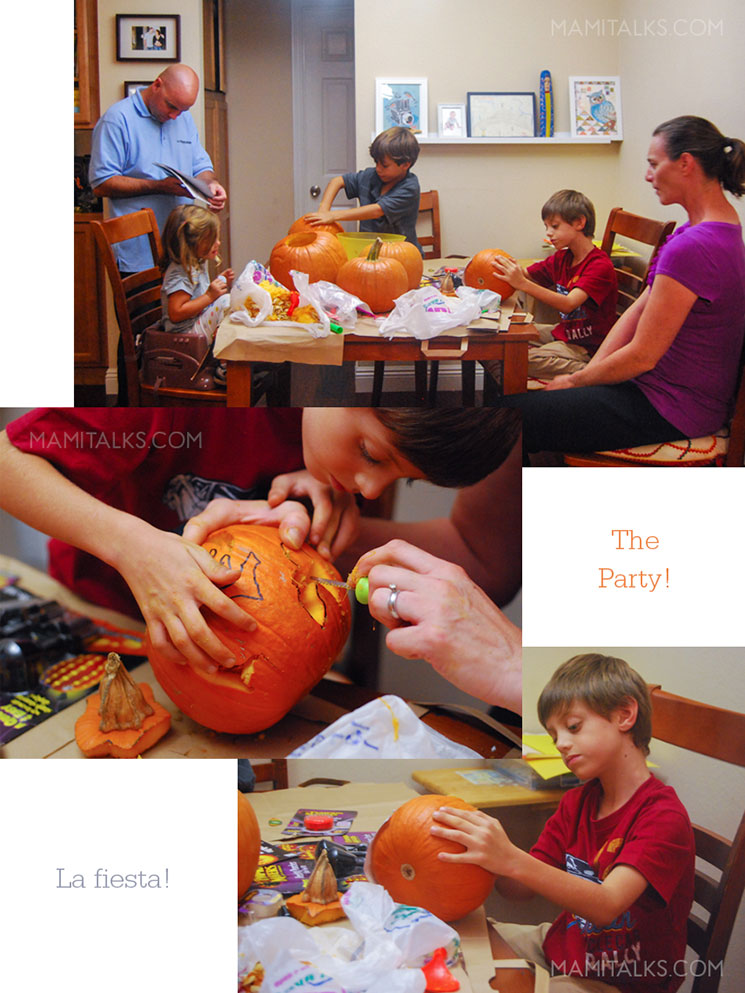 Pumpkin carving party, kids and parents carving pumpkins. -MamiTalks.com