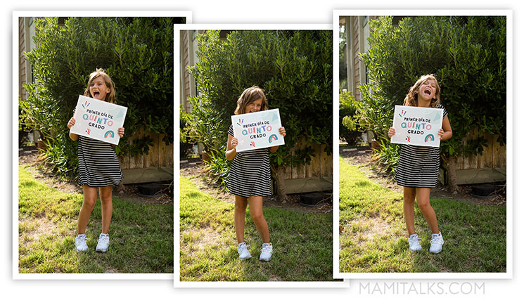 Girl having fun with first day of school sign. -MamiTalks.com